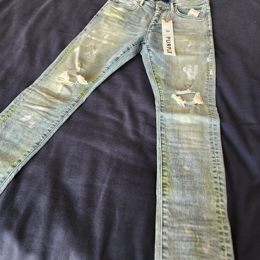 Men's Distressed Skinny Jeans, Light Blue - Purple Brand